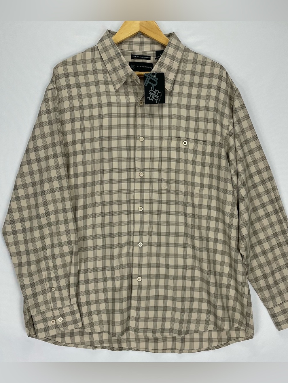 R&R Casual Shirt Mens XL Tan/Black Plaid Long Sleeve Luxury Microfiber Button Up